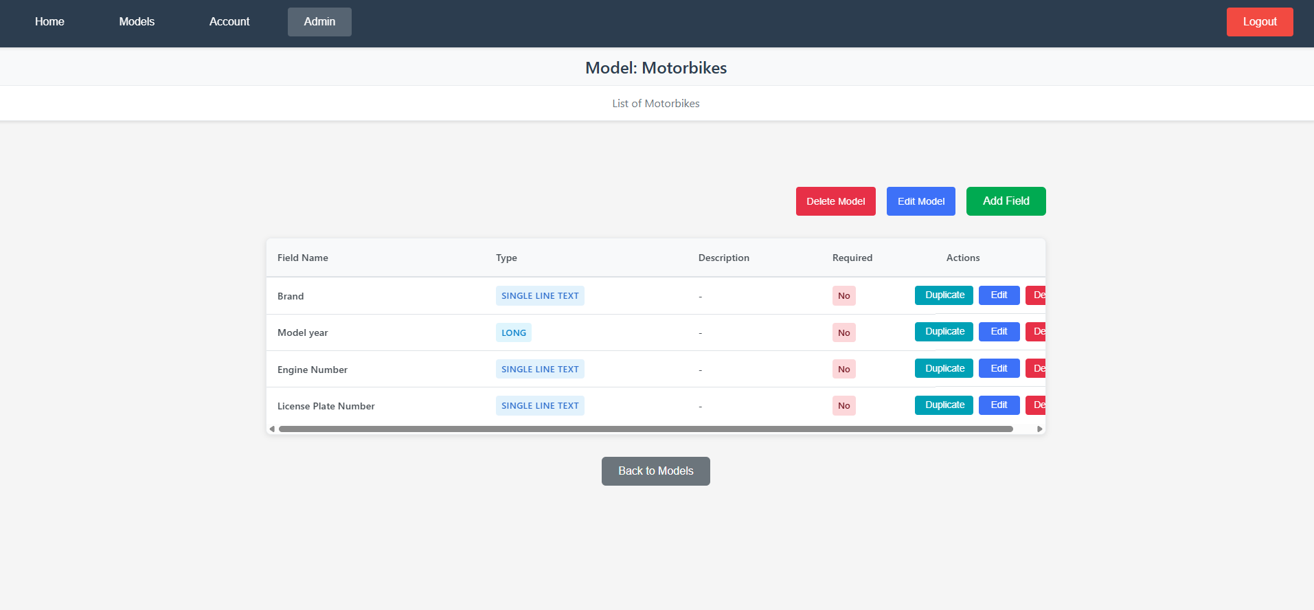 Model configuration and field settings
